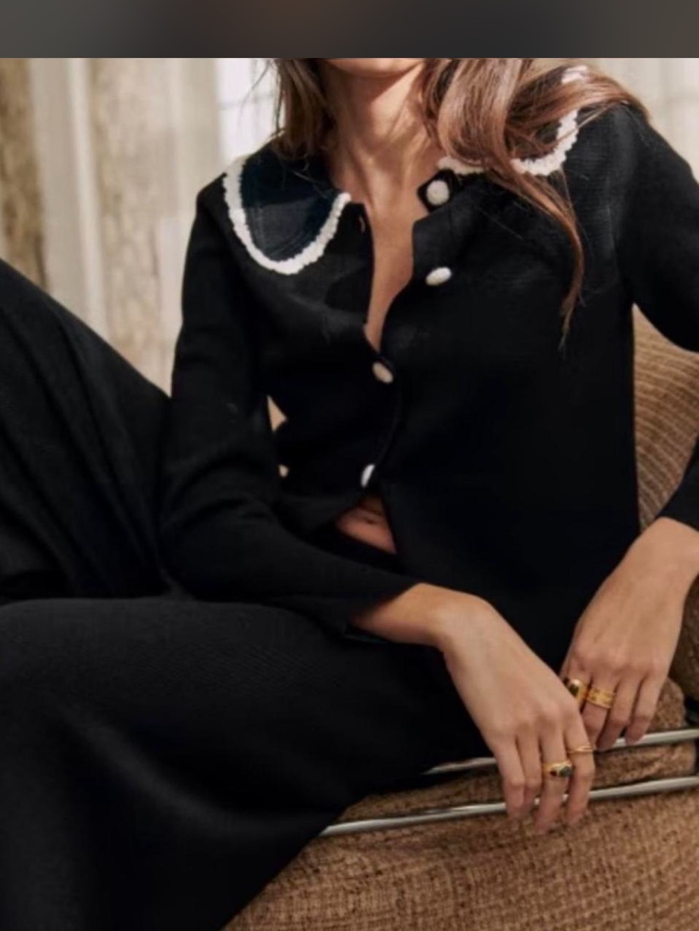 Sézane Black Cardigan with White Trim - Picture 2 of 7